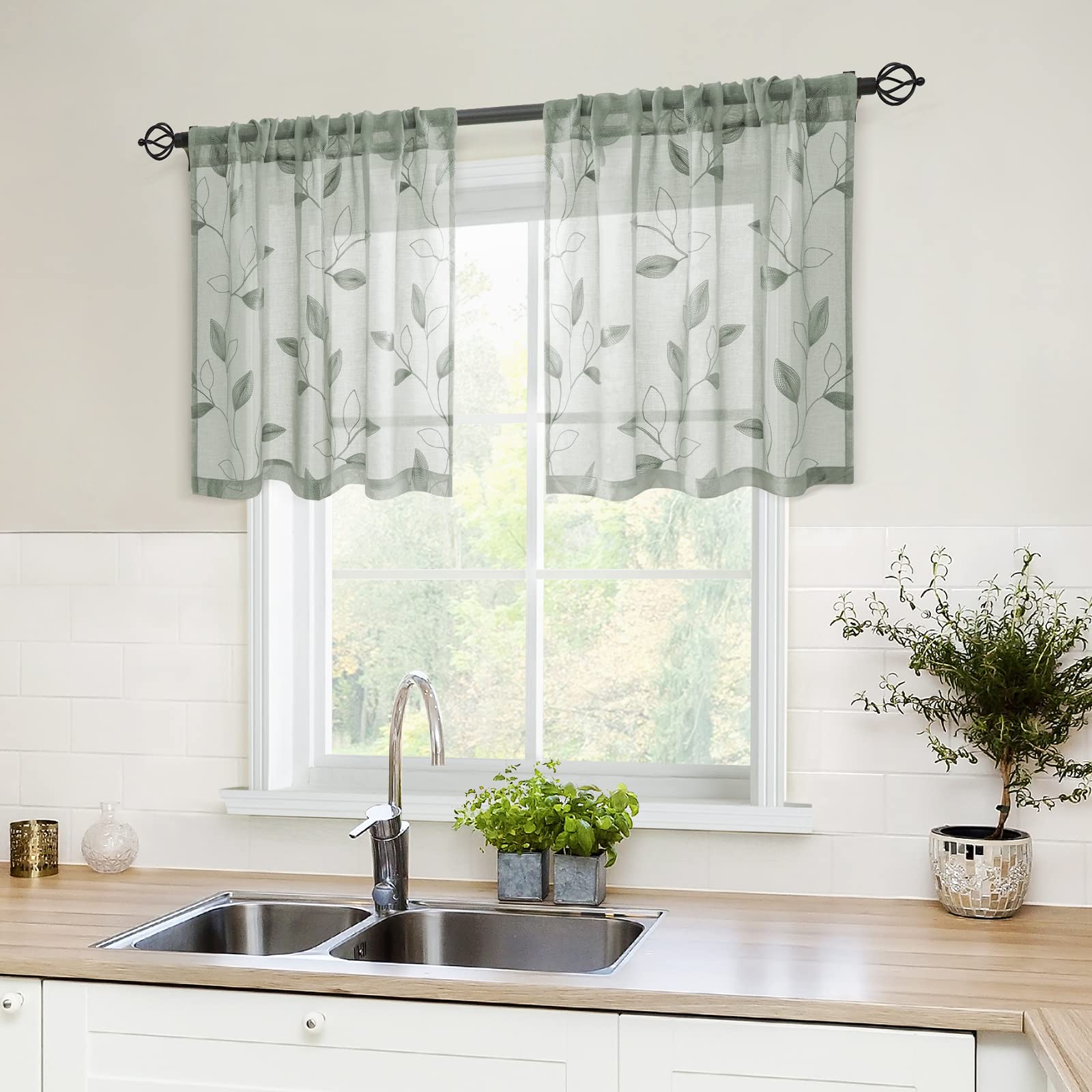 Homeideas Sage Green Sheer Kitchen Curtains 30 X 36 Inch Length 2 Panels Embroidered Leaf Pattern Short Curtains For Small Windo